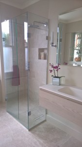 A shower lad wetroom shower screeen with a hinged panel