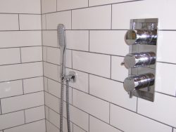 Picture of a recessed thermostatic shower valve wth three handles.