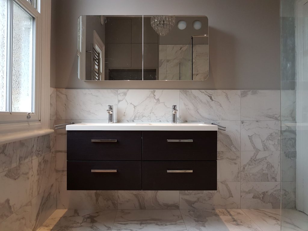 Double wall hung vanity unit in dark grey